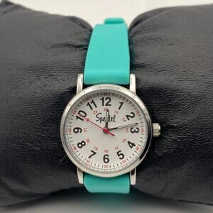 Ladies Stylish Speidel Teal Silicone Band Silver Watch - New Battery